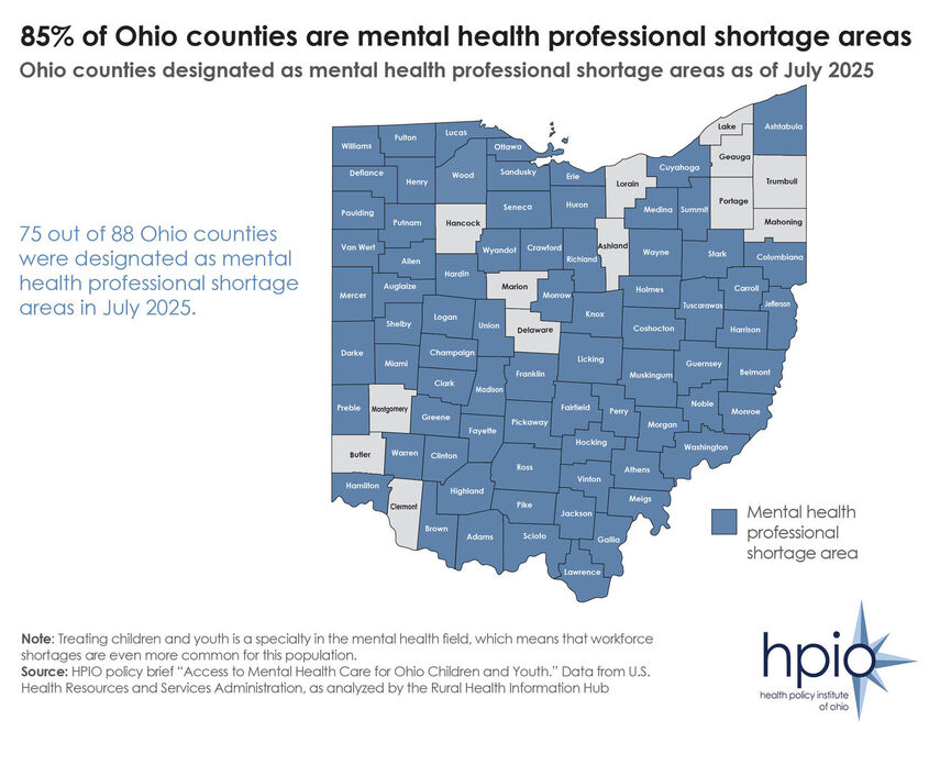Mental health workforce shortage areas- county map