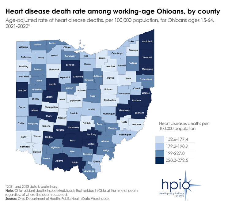 County map of heart disease deaths among working-age Ohioans