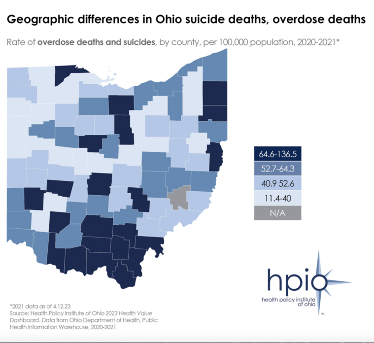 Geographic difference in Ohio suicide deaths, overdose deaths
