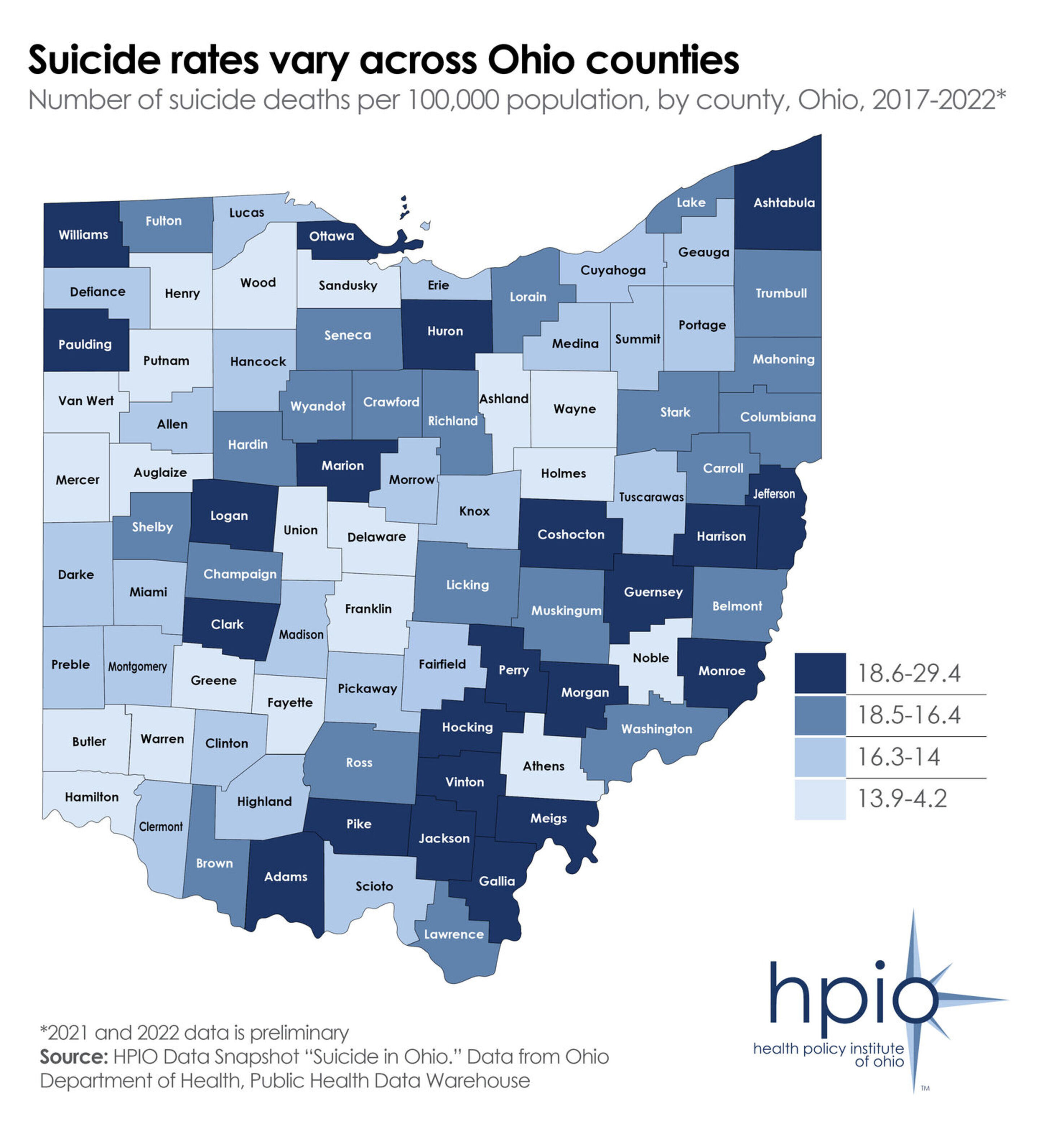 Suicide rates in Ohio by county (map)
