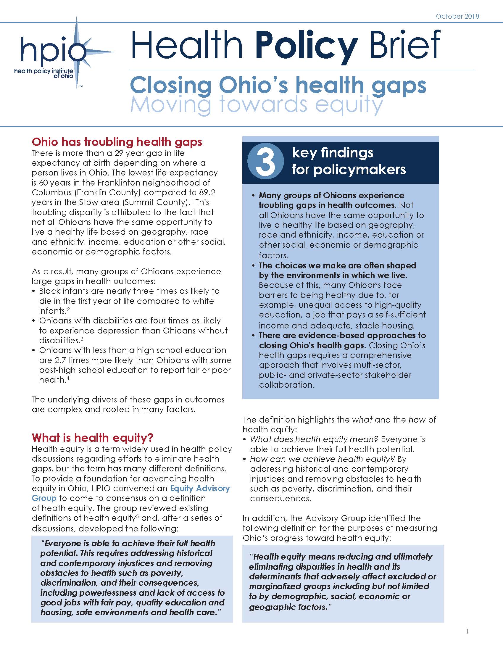 Closing Ohio's health gaps Moving towards equity Health Policy