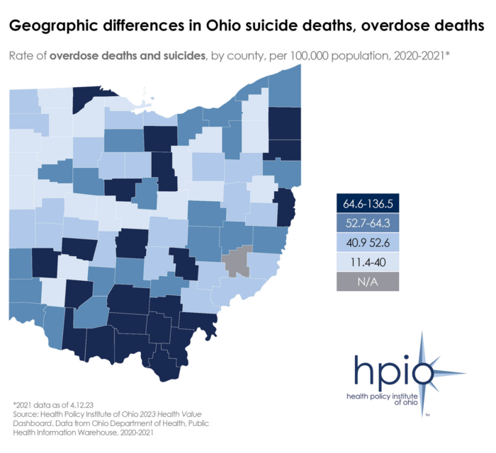 Ohio map showing geographic differences in suicide deaths and overdoses