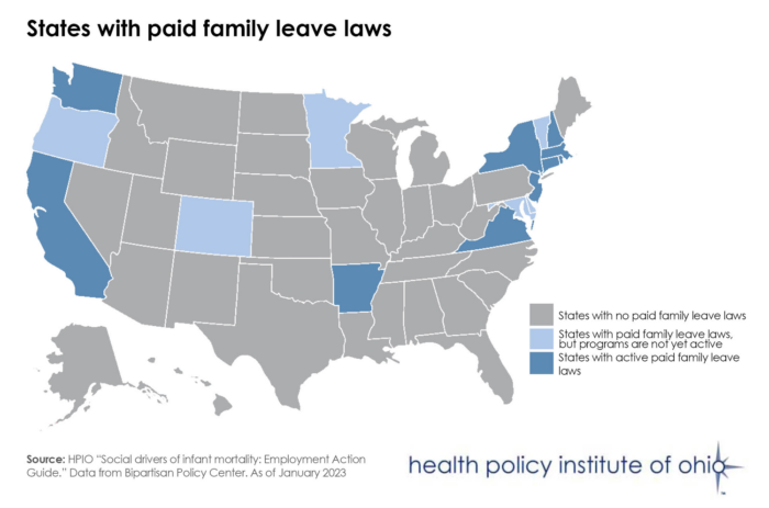 U.S. map showing states with paid family leave laws