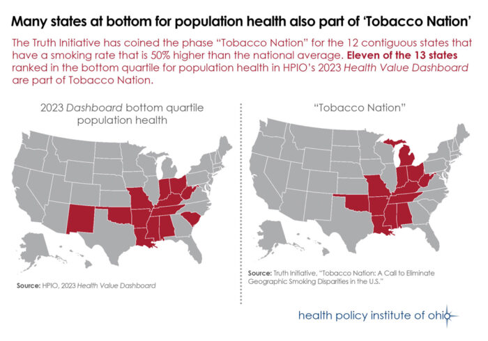Two U.S. maps that show poor population health and high smoking rates in 11 overlapping states